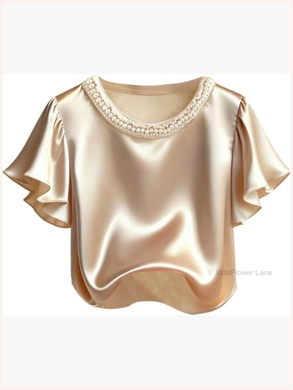 Elegant Satin Ruffle Short Sleeve Blouse Pearl Crew Neck Summer Top